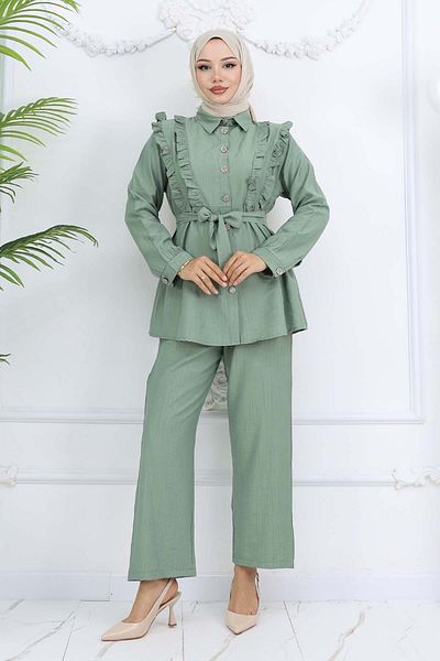 benguen Ruffle Detailed Belted Double Suit Çağla 4781