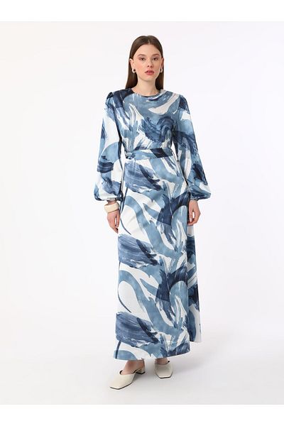 Refka Rochie Hijab din Satin cu Motiv Abstract Albastru - Refka