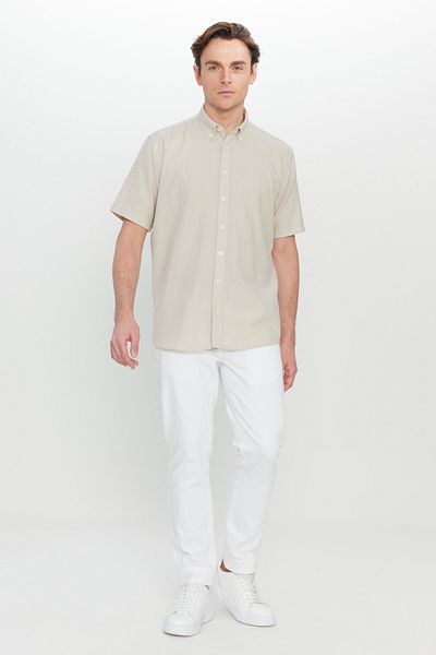 AC&Co / Altınyıldız Classics Ανδρικό μπεζ 100% βαμβακερό πουκάμισο με κουμπιά με κουμπιά με κουμπιά με κουμπιά