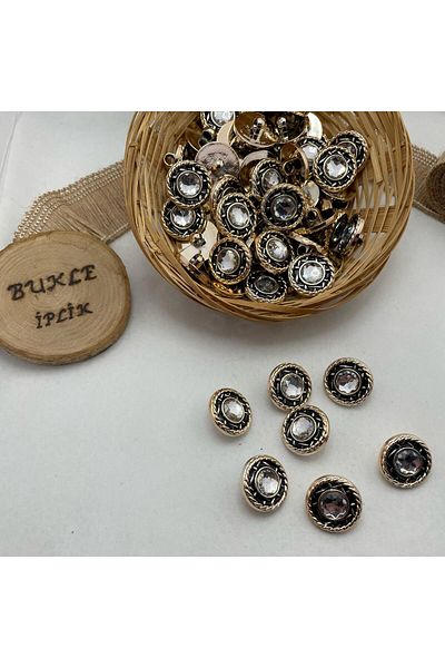 Bukle İplik Crystal Look Twist Detailed Gold Framed Plastic Metalized Button with Footed Bottom 34" - (6 Pieces)