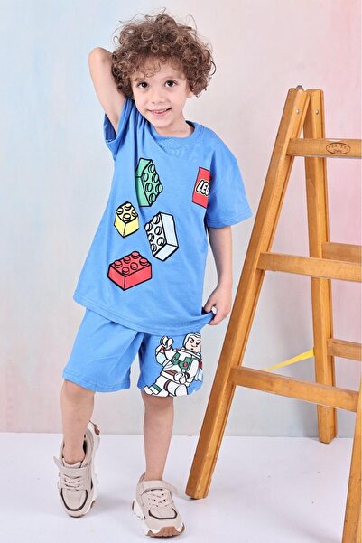 Arya Nisa Kids ERKEK ÇOCUK BASKILI %100 PAMUK TİŞÖRT ŞORT 2 PARÇA MAVİ ALT ÜST TAKIM YAZLIK TAM KALIP TATİL