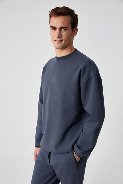 GRIMELANGE Plemon Men's Crew Neck Long Sleeve Oversize Gray Sweatshirt with Print Detail