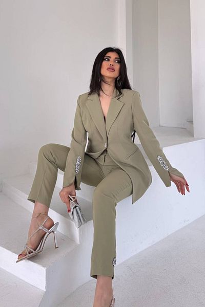 VZ BUTİK Women's Double Set Stone Detailed Pipe Leg Blazer Jacket Pants Set
