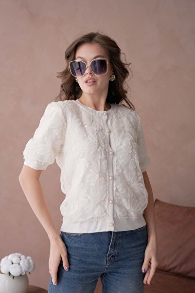 Arbucky سترة نسائية منسوجة من التول برقبة دائرية وأكمام قصيرة من الأورجانزا