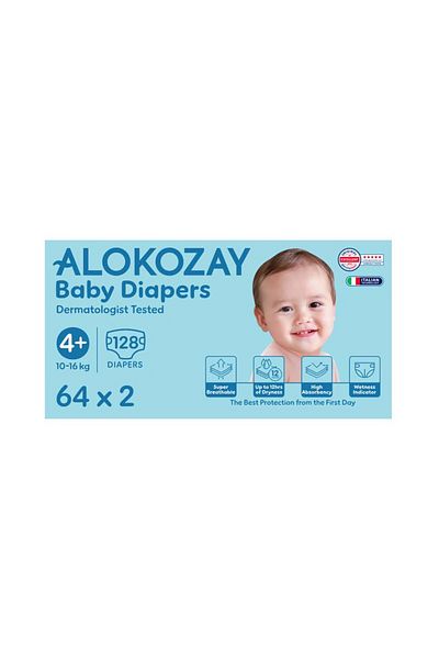Alokozay Premium Baby Diapers - Size 4+ (10-16 Kg) - 64 Diapers X Pack of 2