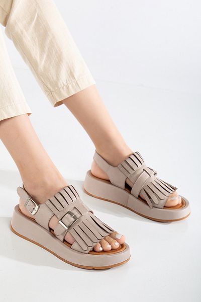 ANALİN SHOES Sandale de damă din piele naturală cu cataramă cu ciucuri - gri argintiu