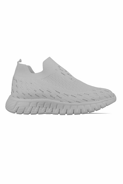 Lal Shoes & Bags حذاء كاجوال نسائي من Bressa مصنوع من نسيج محبوك بتفاصيل حجرية - أبيض