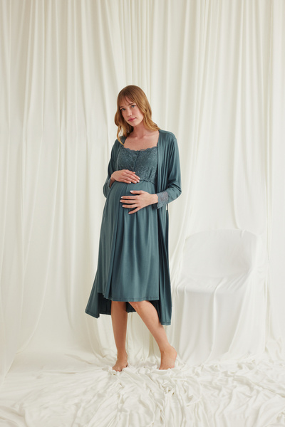 MONAMİSE Kadın Yeşil Özel Dantel Tasarım Kısa Kol Lohusa Hamile Gecelik-Sabah...