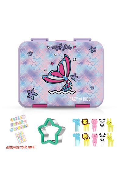 Eazy Kids صندوق غداء بينتو قابل للتحويل لـ 6 و4 أشخاص مع زجاجة مياه ومجموعة قاطعة شطائر - حورية البحر أرجواني