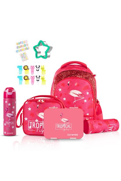 Eazy Kids مجموعة من 5 حقائب مدرسية مقاس 17 بوصة مع صندوق بينتو وزجاجة مياه وحقيبة غداء وحافظة أقلام - وردي استوائي