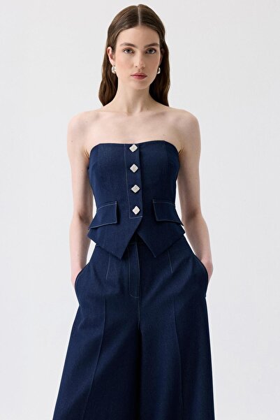 rue Metal Düğmeli Straplez Denim Lacivert Büstiyer