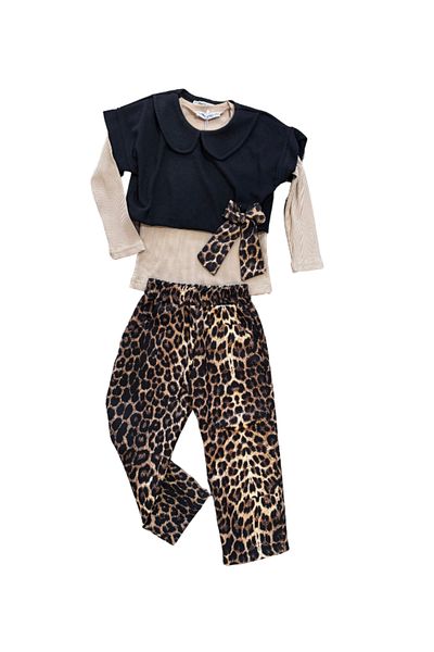 Rhythm Clothing Missmelinda Leopard Print, Ribbed, Bow Embroidered, Sweater Girl's 3-Piece Casual Bottom-Top Suit