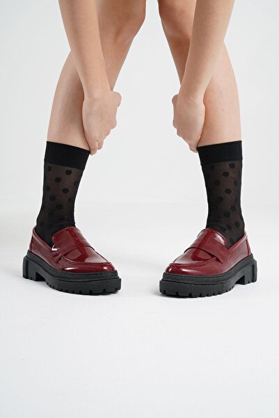 Beyond Kadın Bordo Rugan Düz Kalın Taban Loafer Makosen Ayakkabı 4,5cm Byndlfrk02