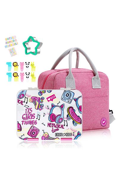 Eazy Kids صندوق بينتو مع حقيبة غداء معزولة ومجموعة قاطع - كومبو - Its Girls Things