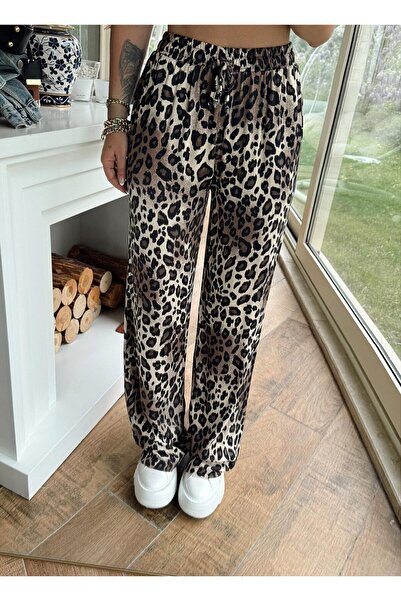 QİMYA BUTİK Buketli̇ Women's Leopard Patterned Elastic Waist Satin Fabric Loose Pants