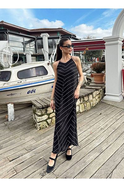 LOCH BUTİK Rochie midi cu bretele din viscoză neagră asimetrică în dungi