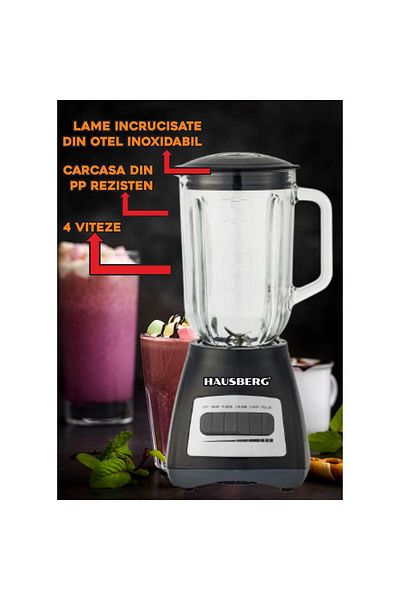 Hausberg Blender cu rasnita HB-7772NG, 500W, Capacitate 1.5L, Bol din Sticla, 4 Viteze, Lame din Inox, Negru