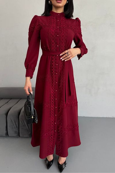 Neşeli Butik Women's Burgundy Lace Dress - Nbemp2677