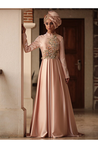 NURBANU Çiçek Desenli Saten Abiye