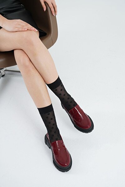 Beyond Kadın Bordo Rugan Düz Kalın Taban Loafer Makosen Ayakkabı 4,5cm Byndlfrk02