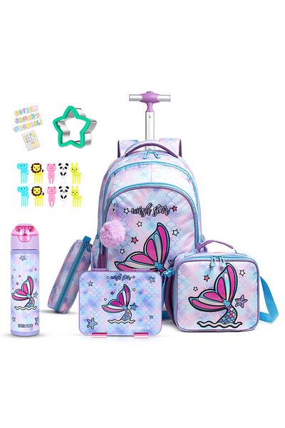 Eazy Kids مجموعة من 5 حقائب مدرسية بعجلات مع صندوق غداء وزجاجة ماء وحقيبة غداء وحافظة أقلام - حورية البحر أرجوانية