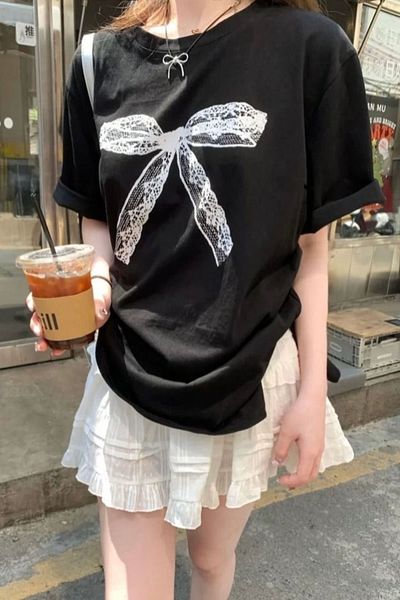 EFBUTİK Μαύρο Unisex Δαντελένιο Μπλουζάκι με Φιόγκο