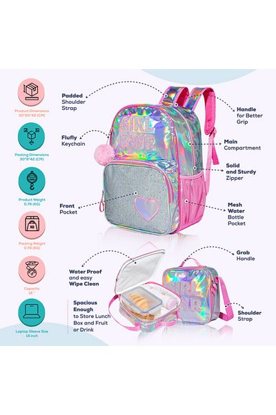 Eazy Kids حقيبة مدرسية مقاس 18 بوصة، صندوق بينتو، زجاجة ماء، حقيبة غداء، حافظة أقلام، مجموعة من 5 قطع - وردية اللون للفتيات