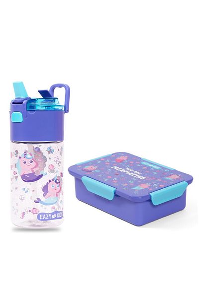Eazy Kids صندوق غداء وزجاجة مياه تريتان مع صندوق وجبات خفيفة، حورية البحر - أرجواني، 450 مل