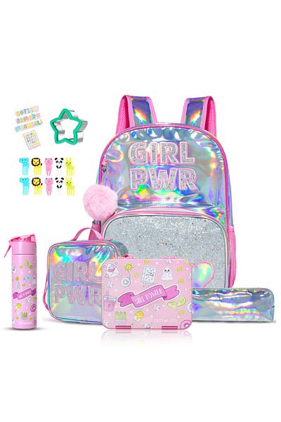 Eazy Kids حقيبة مدرسية مقاس 18 بوصة، صندوق بينتو، زجاجة ماء، حقيبة غداء، حافظة أقلام، مجموعة من 5 قطع - وردية اللون للفتيات