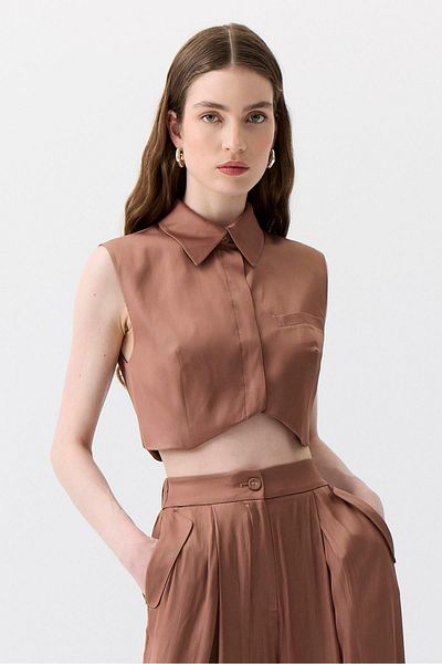 rue. Asymmetric Cut Sleeveless Brown Blouse