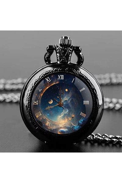 STİLLOVE Black Sky Themed Bohemian Chain Clock Necklace Sl10721