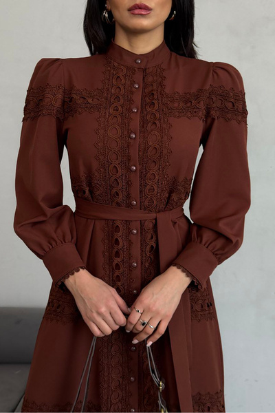 Neşeli Butik kadın kahverengi dantel detaylı elbise NBEMP2677