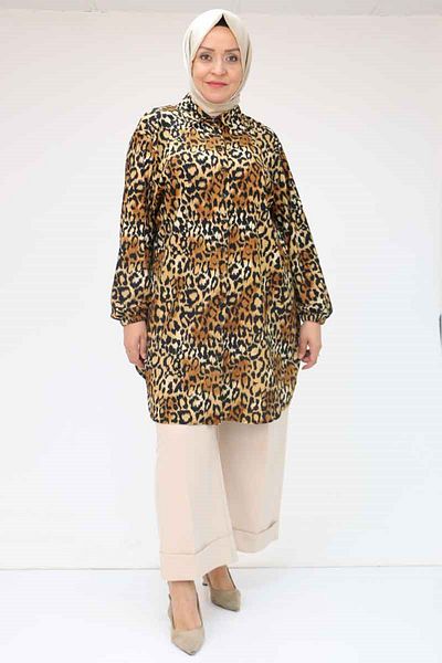 Eslina Plus Size Men's Collared Patterned Bureaucracy Tromp Fabric - Brown Leopard
