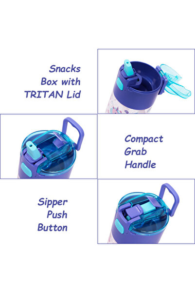 Eazy Kids Tritan Water Bottle w / Snack Box, Mermaid - Purple, 450ml