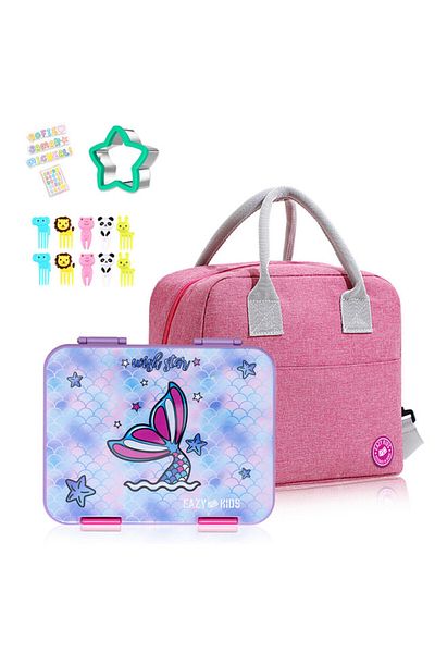 Eazy Kids صندوق غداء بينتو قابل للتحويل لـ 6 و4 أشخاص مع حقيبة غداء وقاطعة شطائر - حورية البحر أرجواني