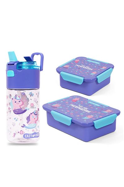 Eazy Kids طقم صندوق غداء وزجاجة مياه تريتان مع صندوق وجبات خفيفة، حورية البحر - أرجواني، 450 مل