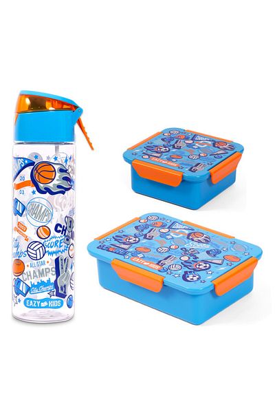 Eazy Kids طقم صندوق غداء وزجاجة مياه تريتان مع بخاخ، كرة قدم - أزرق، 750 مل