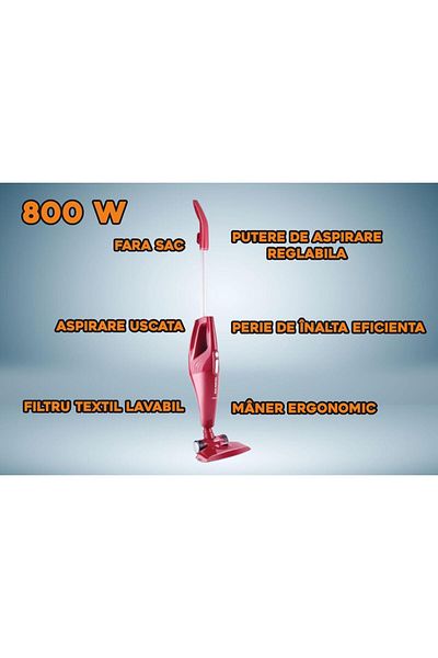 Hausberg Aspirator vertical de mana HB-2827RS 2 in 1, fara sac, aspirare uscata, 1.2 l, 800 W, rosu
