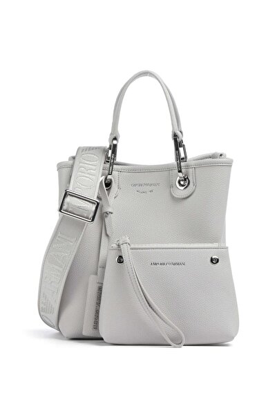 Emporio Armani Women's Wide Leather Short Hand Holding Long Logo Detailed Strap Gray Shoulder Bag Ew 000362   Af12036-M8118