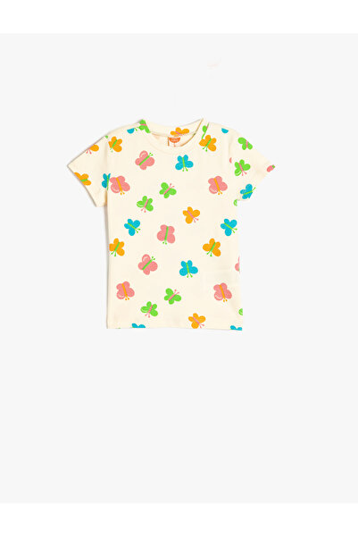 Koton Βαμβακερό μπλουζάκι με κοντό μανίκι με λαιμόκοψη με στάμπα πεταλούδας