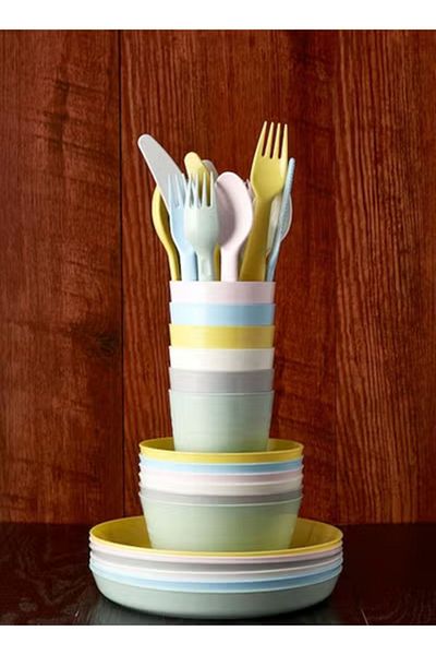 IKEA 39-piece cutlery set, bowls, plates, and glasses