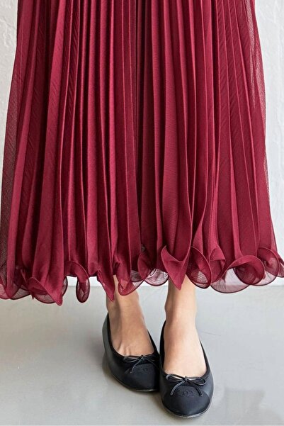 Bestenur Flared Flounce Chiffon Skirt 1402 - Burgundy