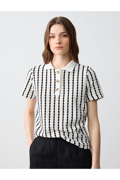 Jimmy Key Black Short Sleeve Patterned Knitted Polo Neck T-Shirt
