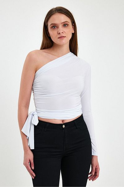 ZACHARIUZ White One Shoulder Open Long Sleeve Waist Belted Body 0074