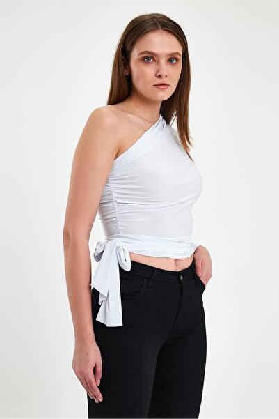 ZACHARIUZ White One Shoulder Open Long Sleeve Waist Belted Body 0074