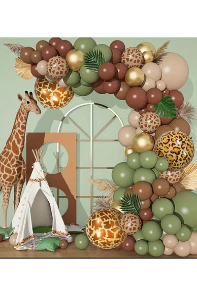 Çemrek Süs Parti Giraffe Patterned Balloon Eucalyptus Green Caramel Milk Coffee Gold Chrome Balloon Chain Set of 100