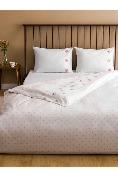 LC Waikiki Set cuvertură dublă cu broderie florală în relief alb 100% bumbac Ranforce