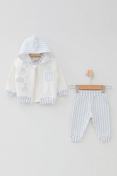 Aziz Bebe Baby Boy Animal Embroidered Sweatshirt Trousers T-Shirt 3-Piece Bottom Top Baby Set 3Months-36Months