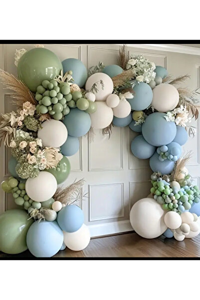 Çemrek Süs Parti Okaliptus Yeşili Cam Mavi Retro White Balon Zinciri seti 100 lü