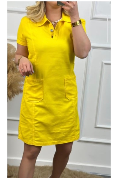 MODA Keten Cep Detaylı Dizde Sarı Elbise Dar Kalıp (1 BEDEN BÜYÜK TERCİH EDEB...